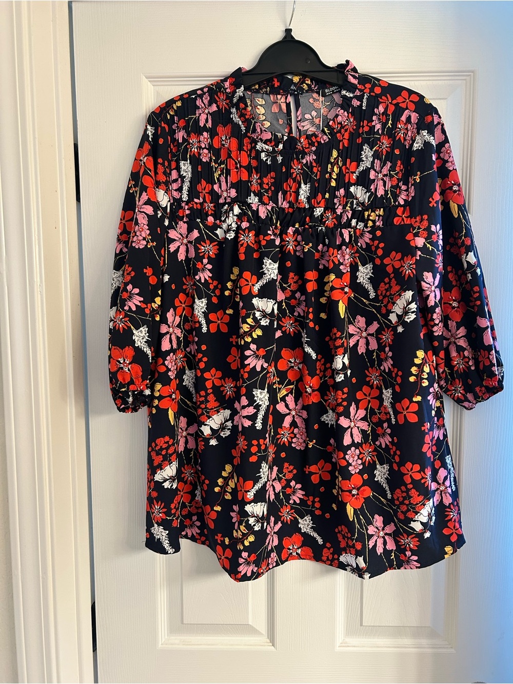 BloomChic Black Floral Smocked Yoke Tunic with Red & Pink Flowers